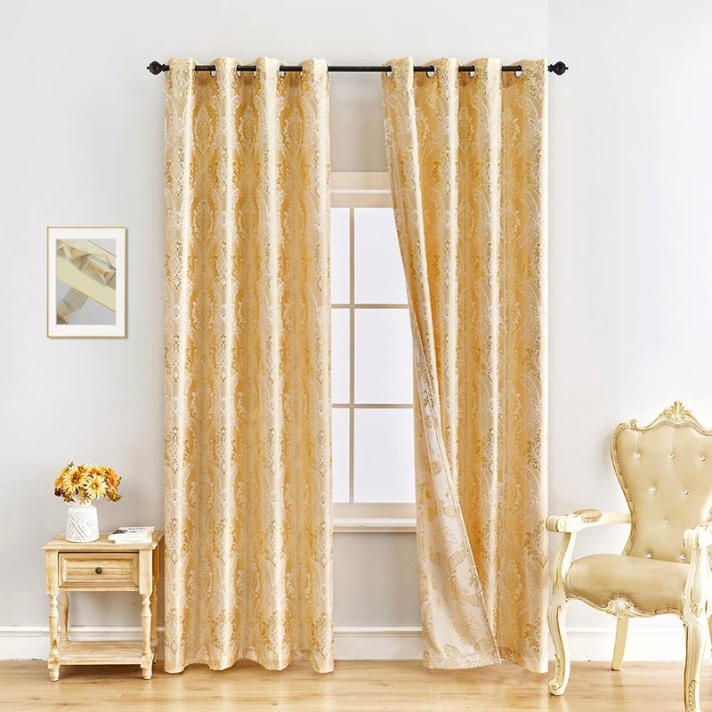 ELKCA Luxury Golden Jacquard Curtains Set for Bedroom European Style Window Curtain for Living Room,Grommet Top,2 Panels(Damask-Golden, 52" W x 108" L) - Image 1